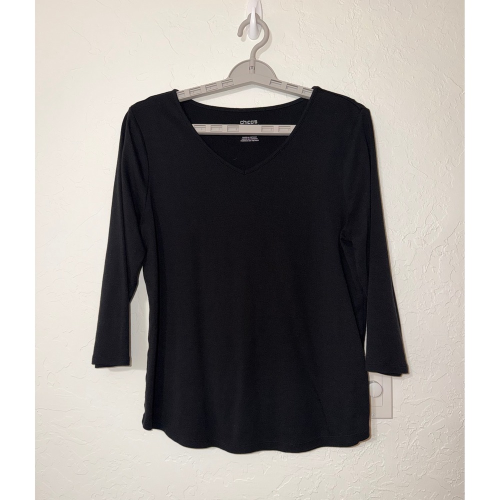 Chicos 3/4 Sleeve V-Neck Tee Black Layering Knit T-Shirt Top Size 2 Large EUC
